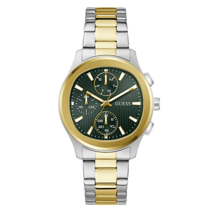 Two-tone silver and gold watch with a green dial on a white background