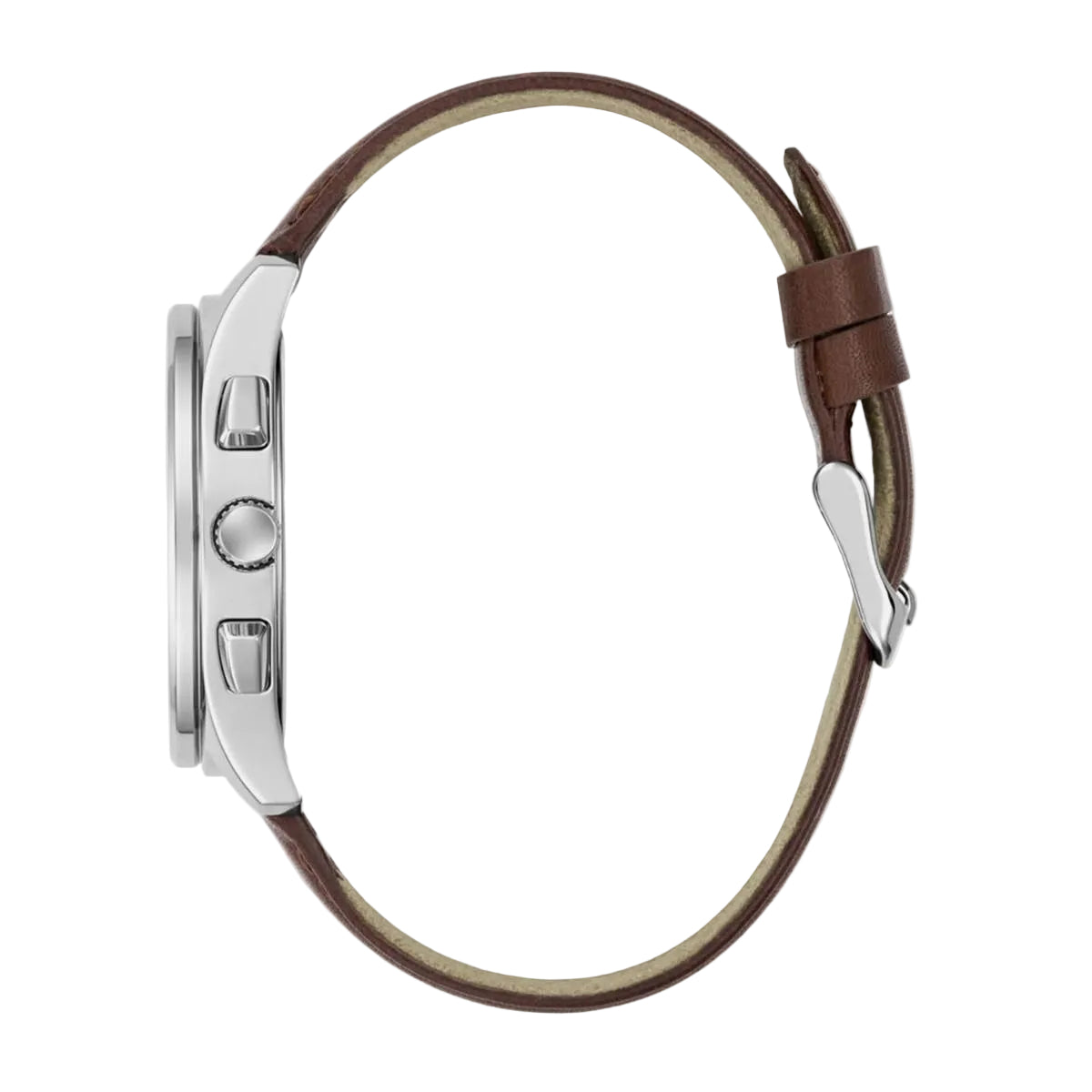 Watch with brown leather strap and silver case on a white background
