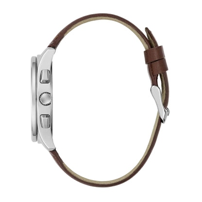 Watch with brown leather strap and silver case on a white background