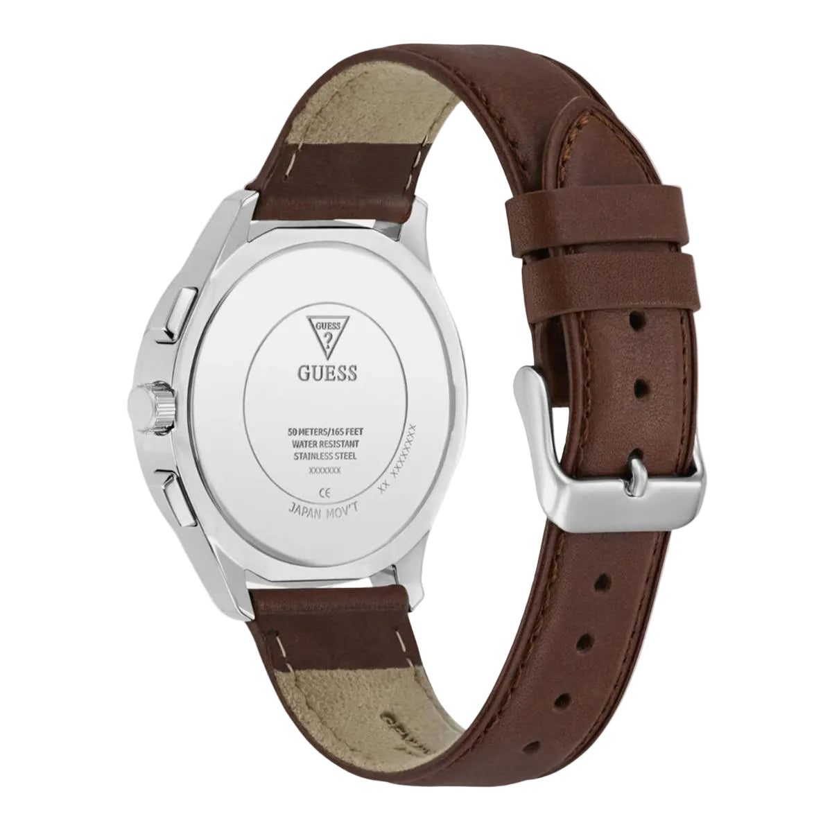 Guess watch with brown leather strap and silver case on a white background