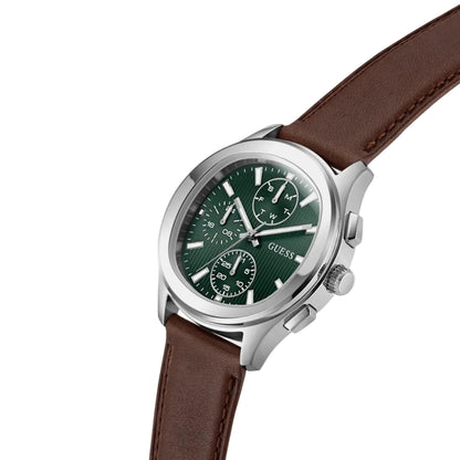 Watch with brown strap and green face on a light gray background