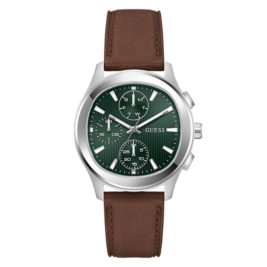 Watch with brown leather strap and green dial on a white background