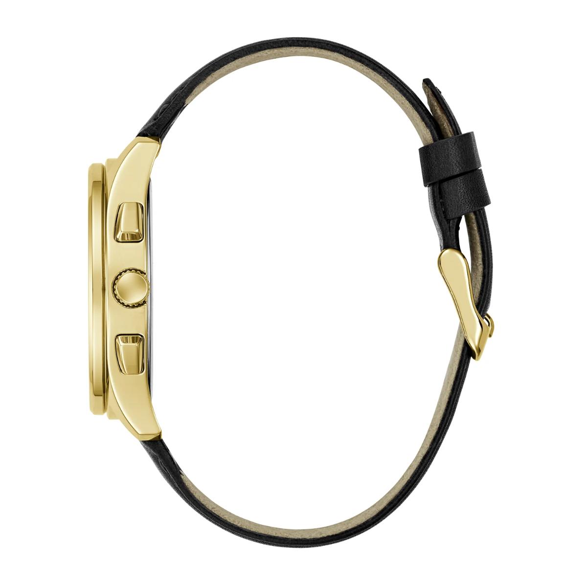 Gold watch case with black leather strap on a white background