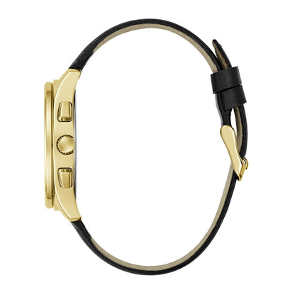 Gold watch case with black leather strap on a white background