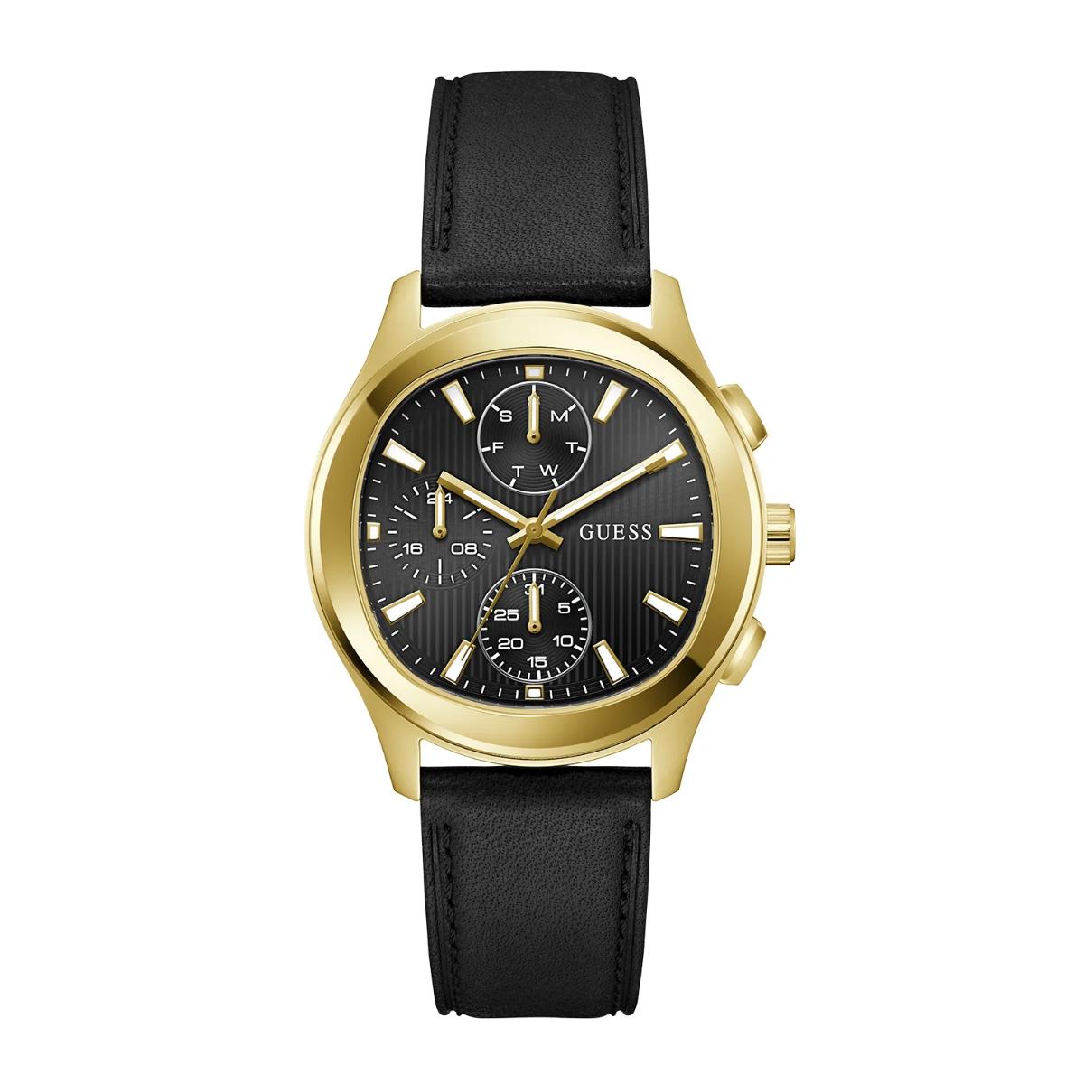 Gold watch with black leather strap on a white background