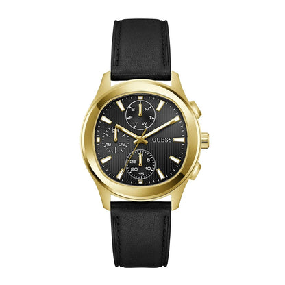 Gold watch with black leather strap on a white background