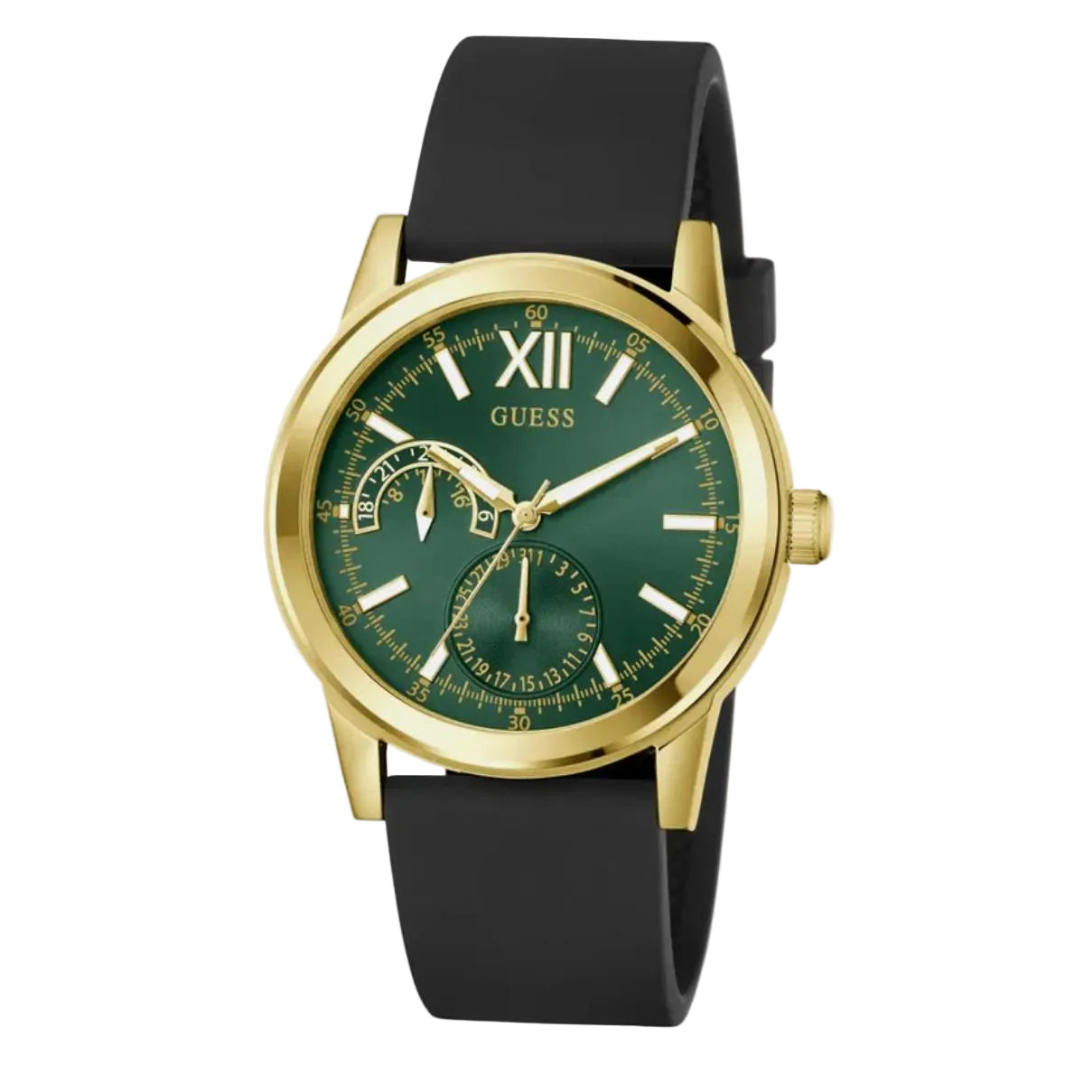 Guess watch with green dial and black strap on a light gray background