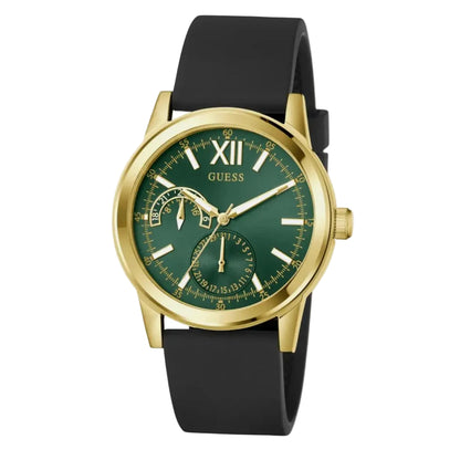 Guess watch with green dial and black strap on a light gray background