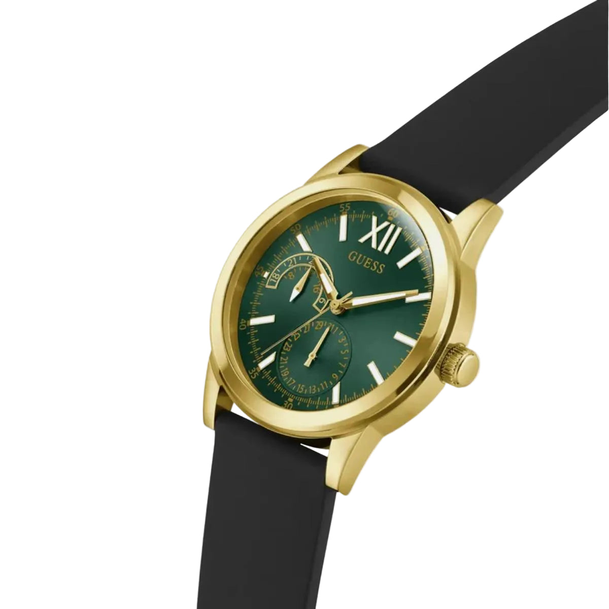 Gold watch with a green face and black strap on a light gray background
