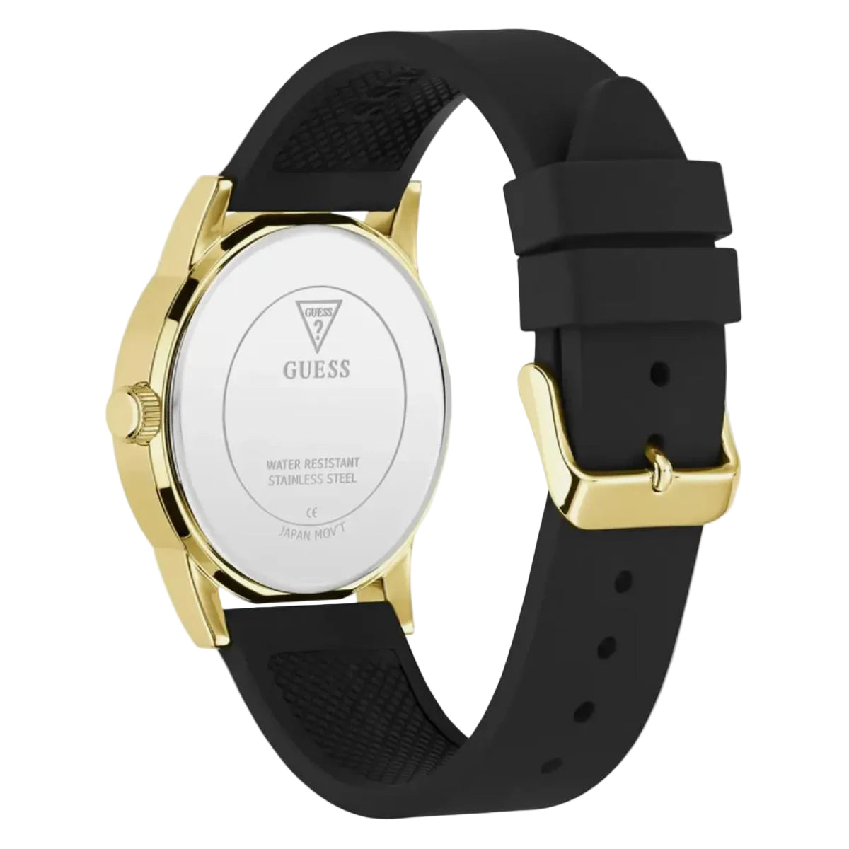 Black watch with gold accents and a visible brand logo on a light gray background