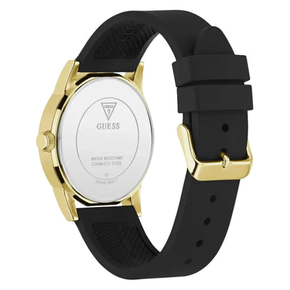 Black watch with gold accents and a visible brand logo on a light gray background
