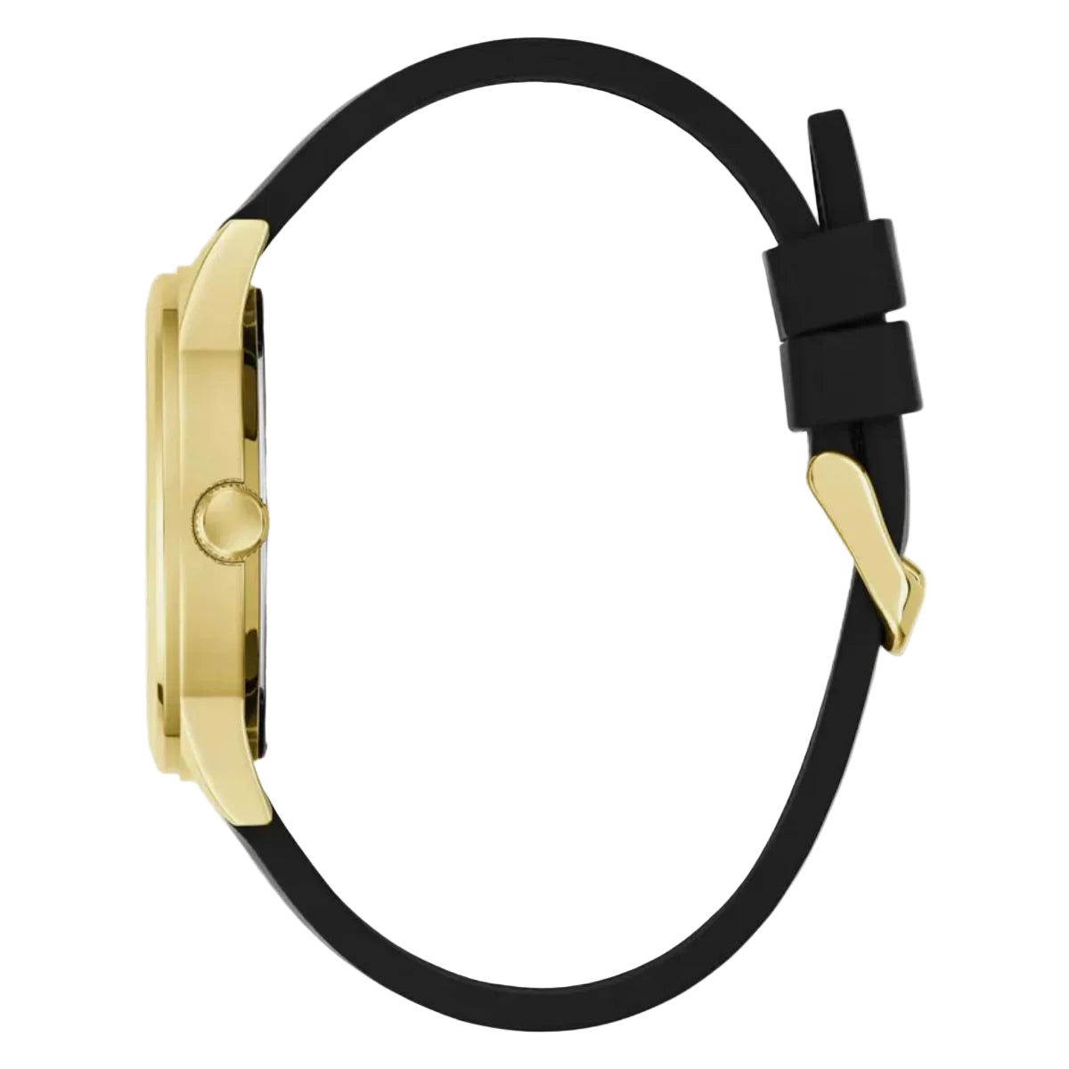 Gold watch case with black strap on a white background