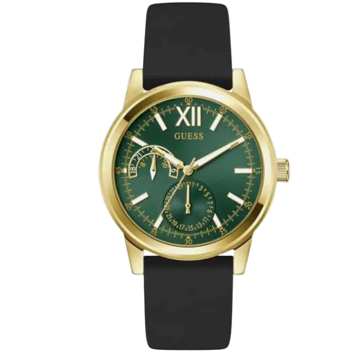 Gold watch with a green face and black strap on a white background