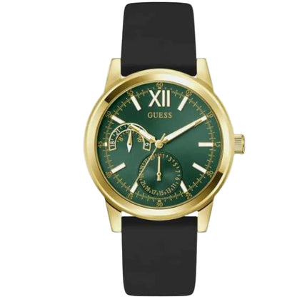 Gold watch with a green face and black strap on a white background