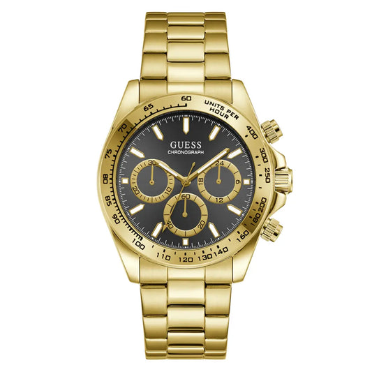 Gold-tone stainless steel chronograph watch with a black dial and gold subdials, featuring a matching gold-tone metal link bracelet on a white background.