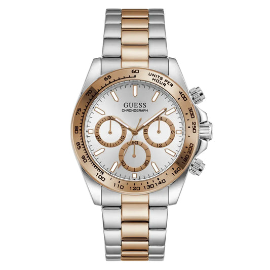 Two-tone Guess watch with silver and rose gold band on a white background