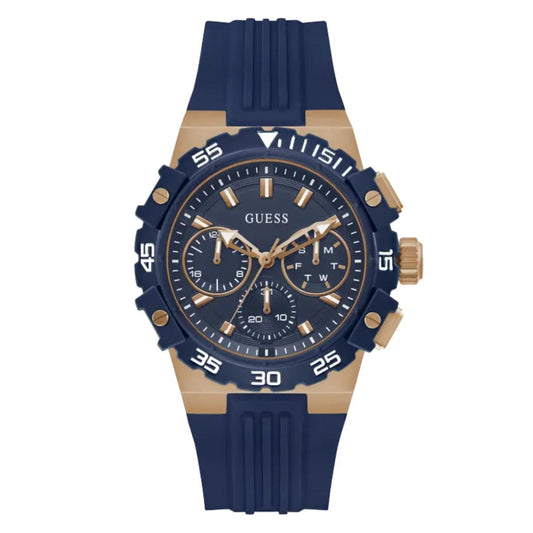 Blue and gold Guess watch on a white background