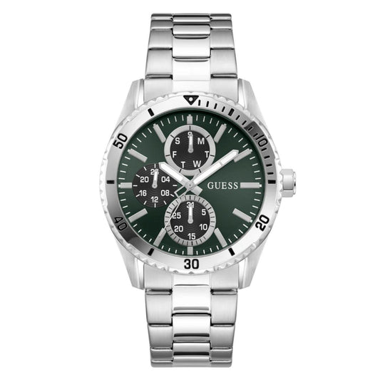 Silver watch with a green face on a white background