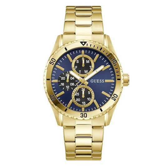 Gold watch with a blue face on a white background