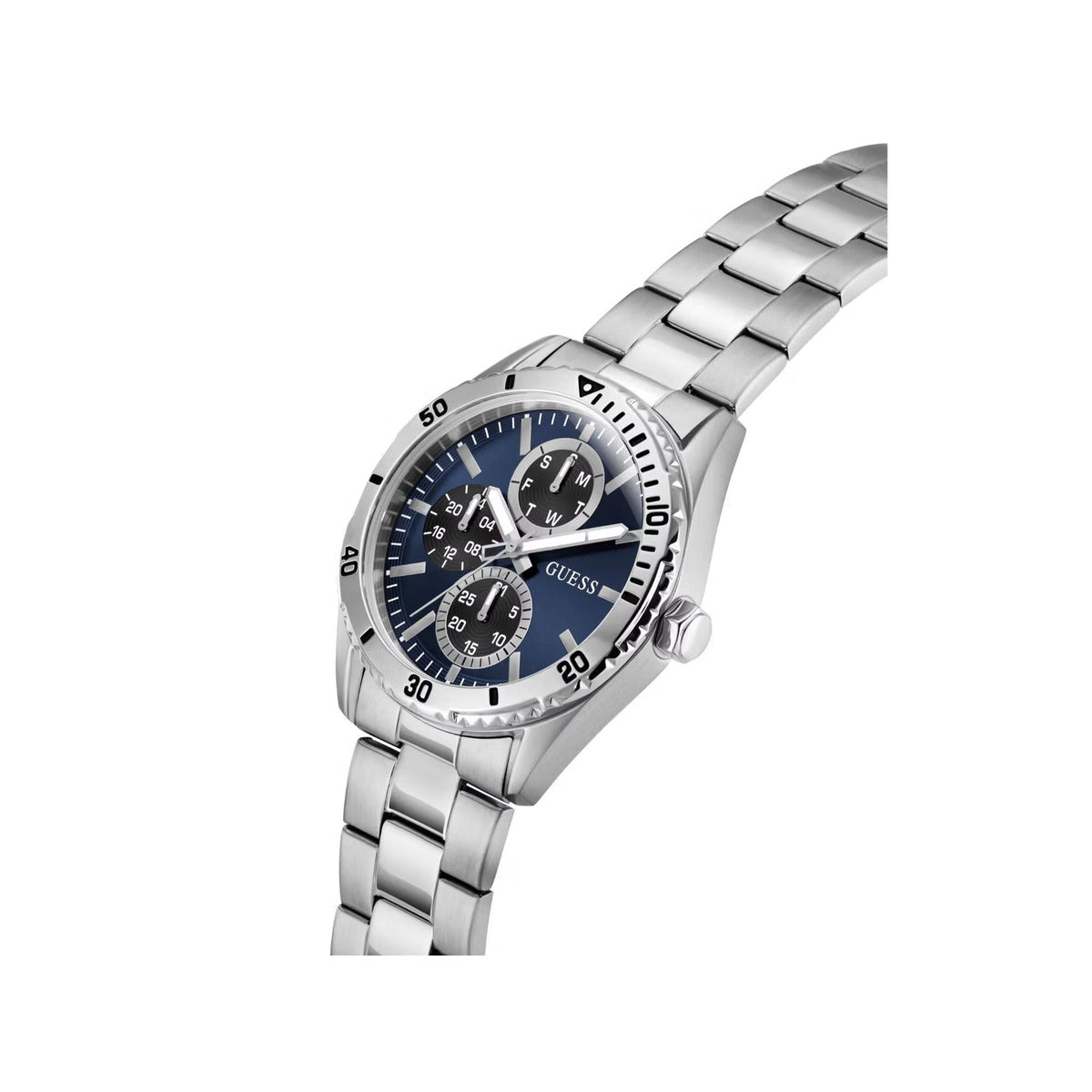 A silver stainless steel chronograph watch with a blue dial and black sub-dials, shown on a plain white background.