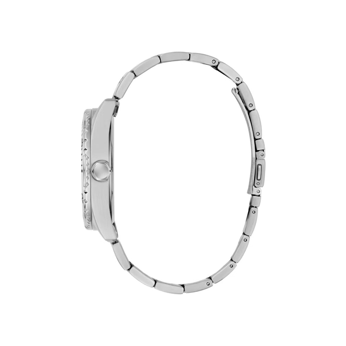Silver-tone stainless steel watch band with a polished metal case, shown from a side profile view on a plain white background.