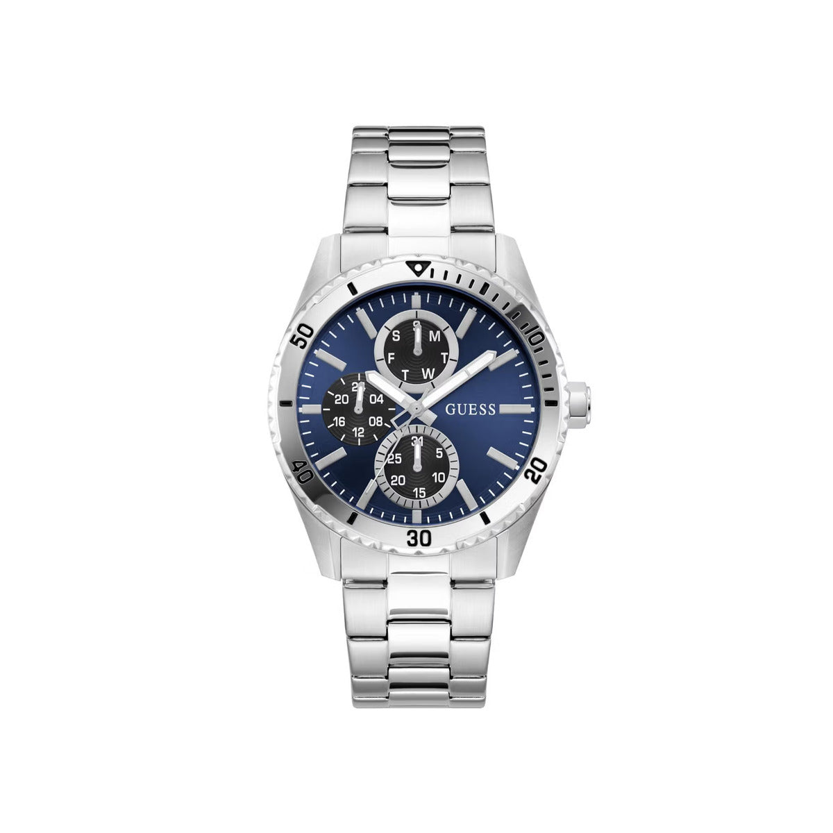 A silver stainless steel wrist watch with a blue dial, featuring three sub-dials, silver-tone hands and markers, and a matching silver metal link bracelet. The brand name 'GUESS' is printed on the dial.