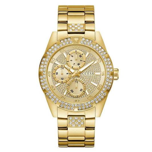 Gold watch with diamond-studded bezel on a white background