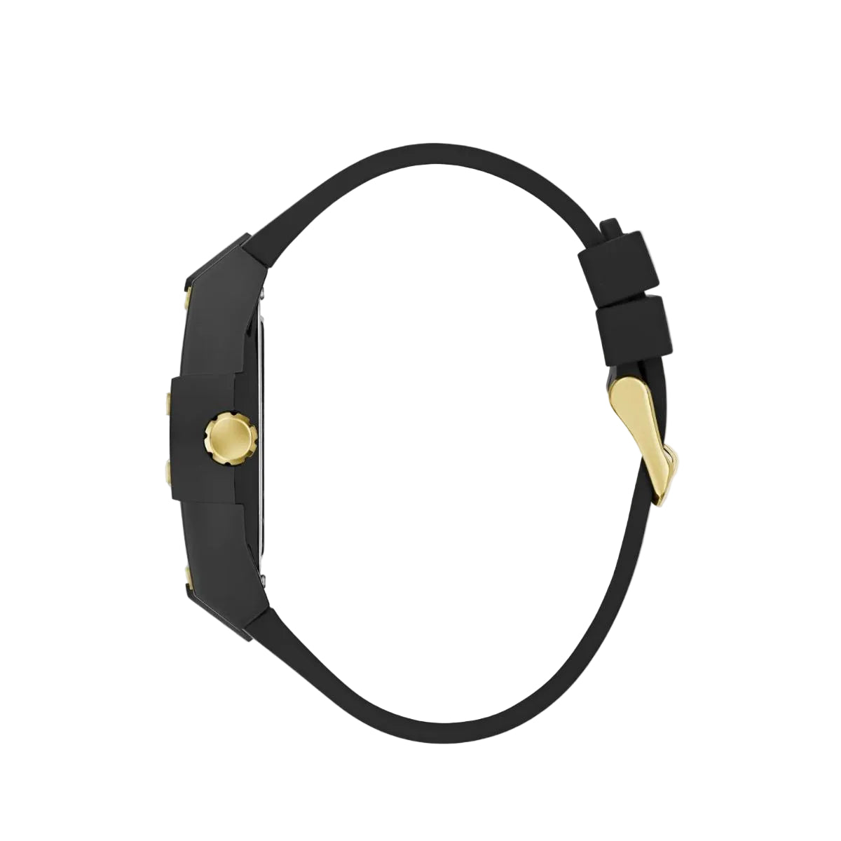 Black and gold watch strap on a light gray background