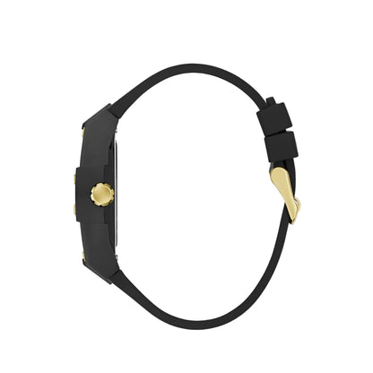 Black and gold watch strap on a light gray background