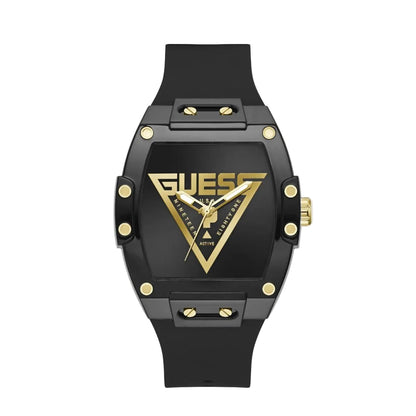 Black and gold Guess watch on a light gray background