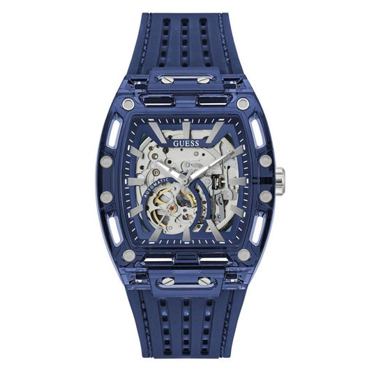 Blue skeleton watch with visible brand on a white background