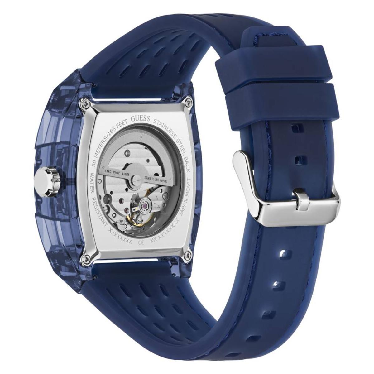 Blue watch with transparent case on a white background