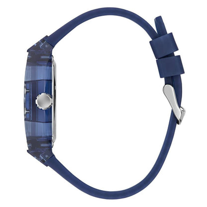 Blue wristwatch with a clear case on a white background