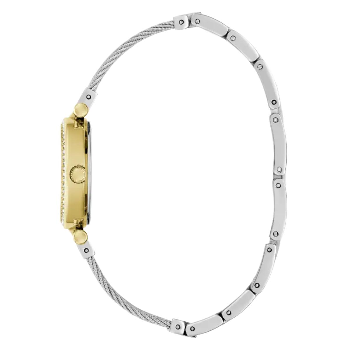 Gold and silver watch with a white background