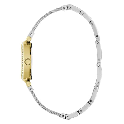 Gold and silver watch with a white background