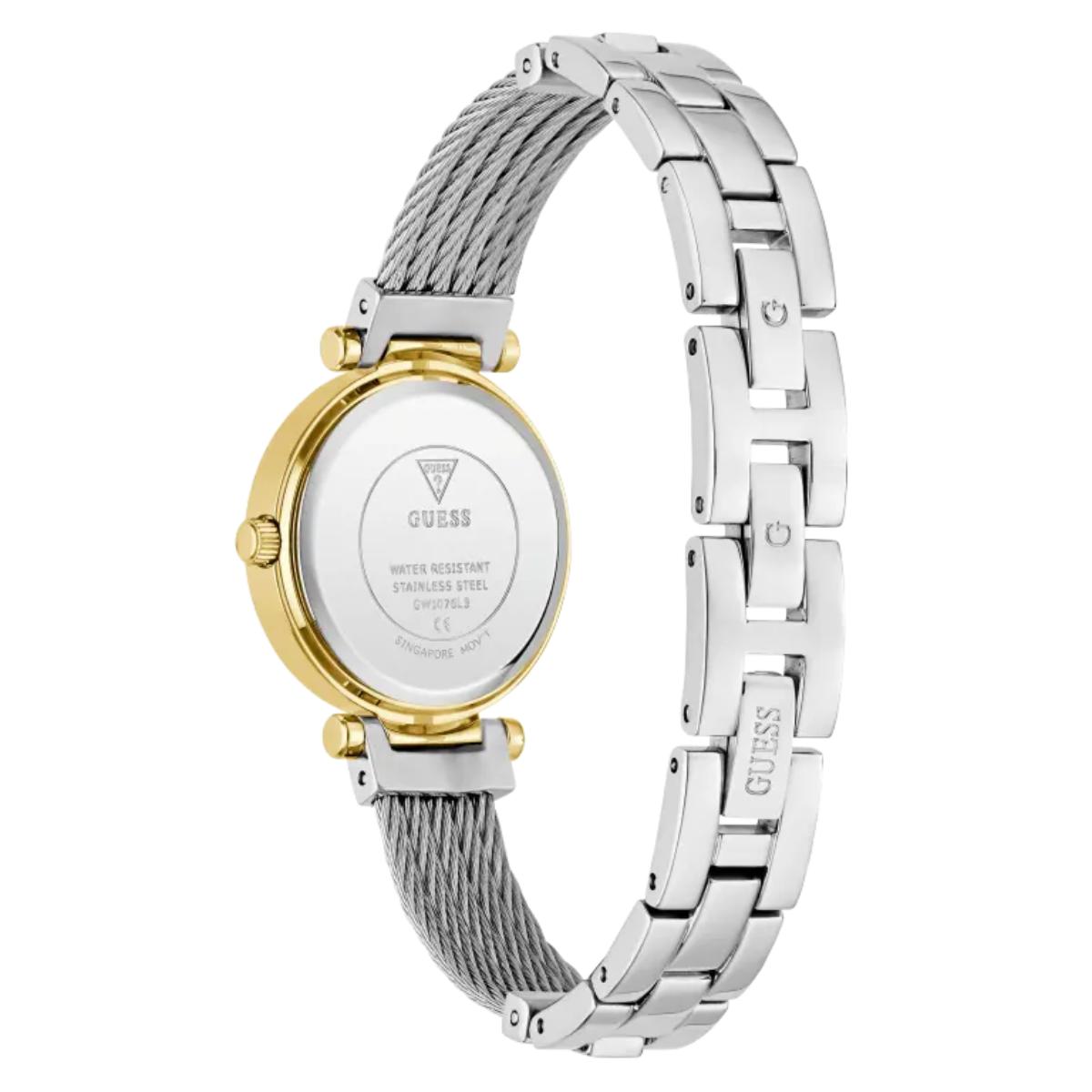 Silver and gold watch with visible brand logo on a white background
