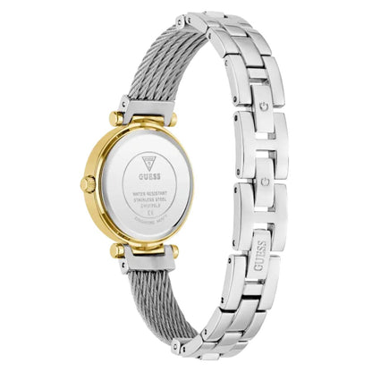 Silver and gold watch with visible brand logo on a white background