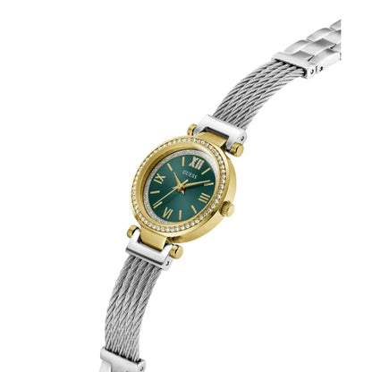 Wristwatch with green dial and gold accents on a white background