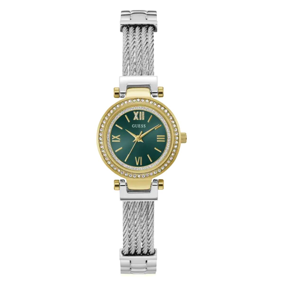 Wristwatch with green dial and silver and gold band on white background