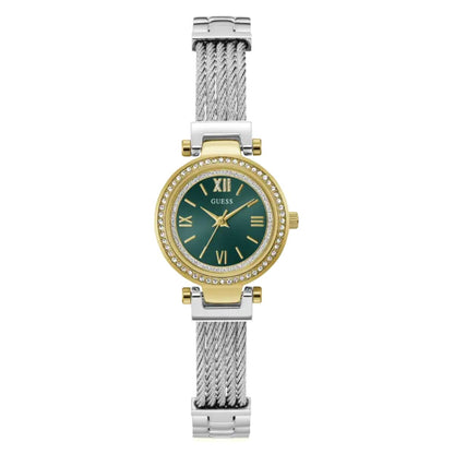 Wristwatch with green dial and silver and gold band on white background