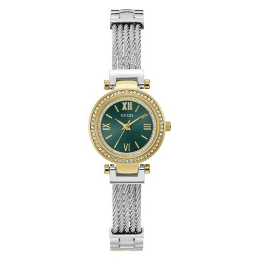 Wristwatch with green dial and silver and gold band on white background