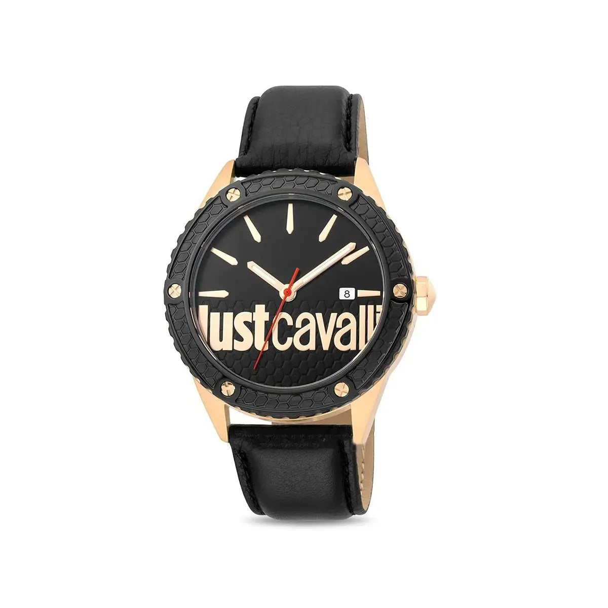 Black watch with gold accents and 'Just Cavalli' branding on a white background