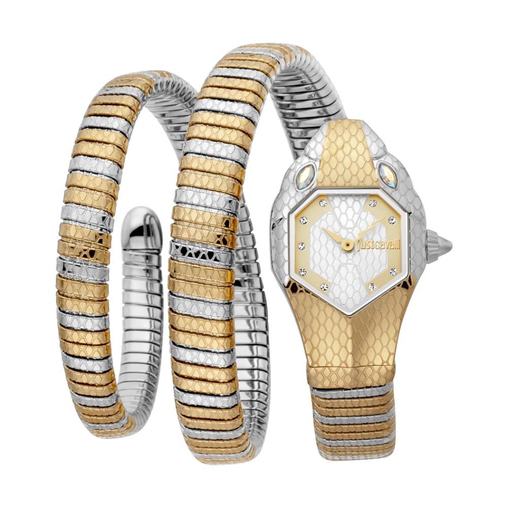 A Just Cavalli Signature Snake analog women's watch with a silver dial, featuring a gold and silver metal bracelet and a multicolored pattern.