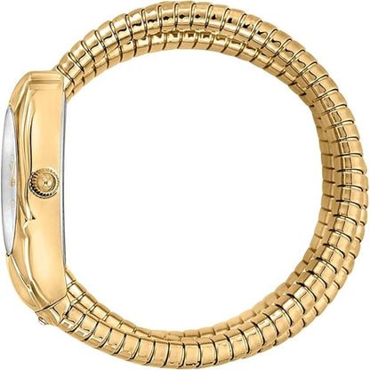 Gold watch with a textured band on a white background
