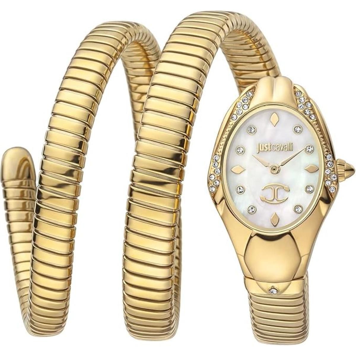 Gold watch and bracelet set on a white background