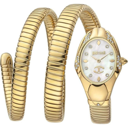 Gold watch and bracelet set on a white background