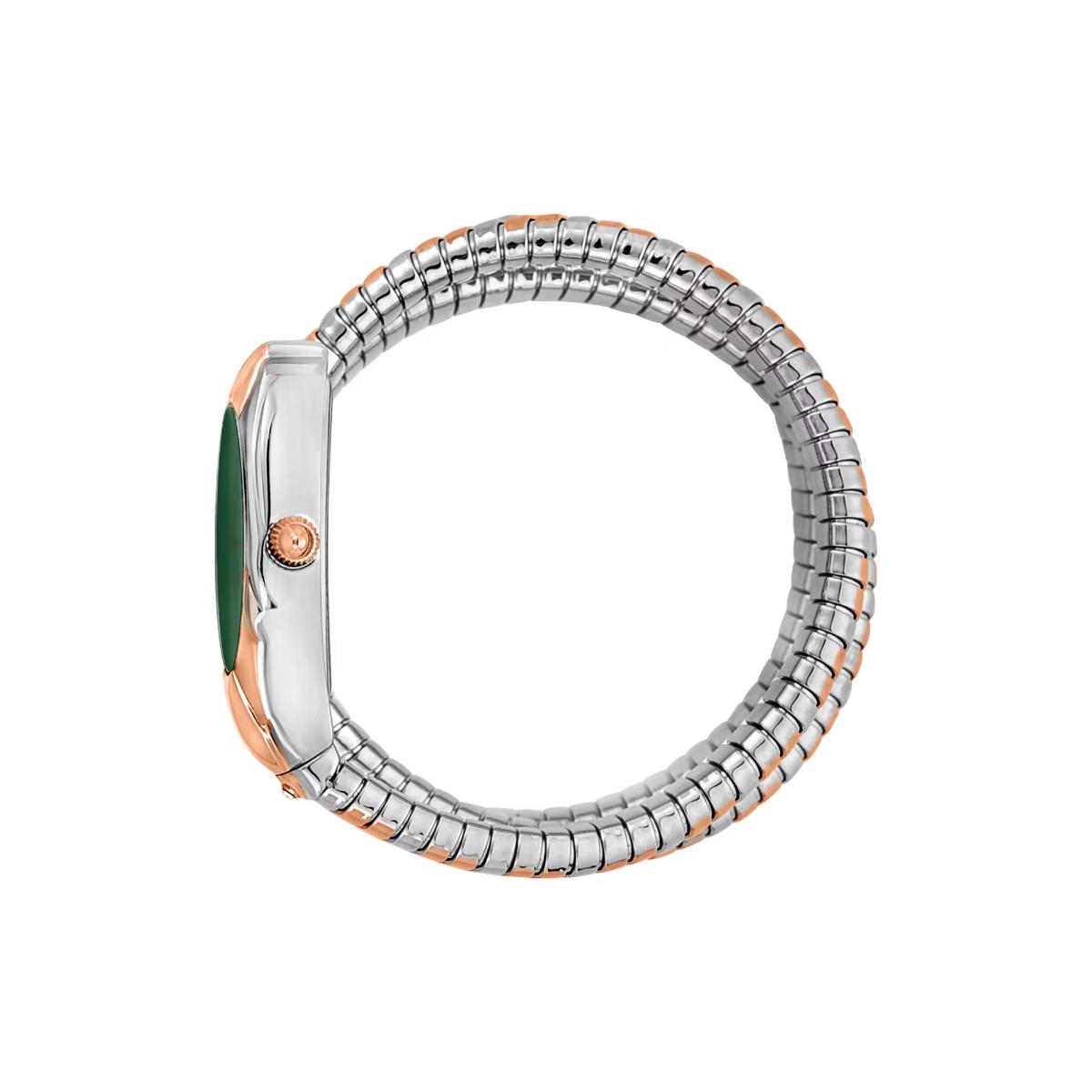 Silver and rose gold watch band on a white background