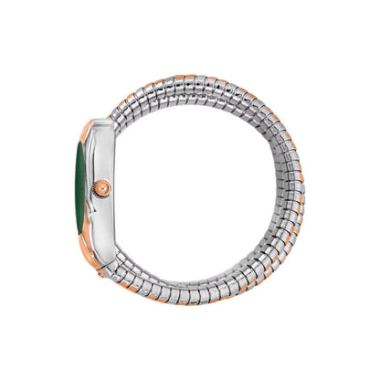 Silver and rose gold watch band on a white background