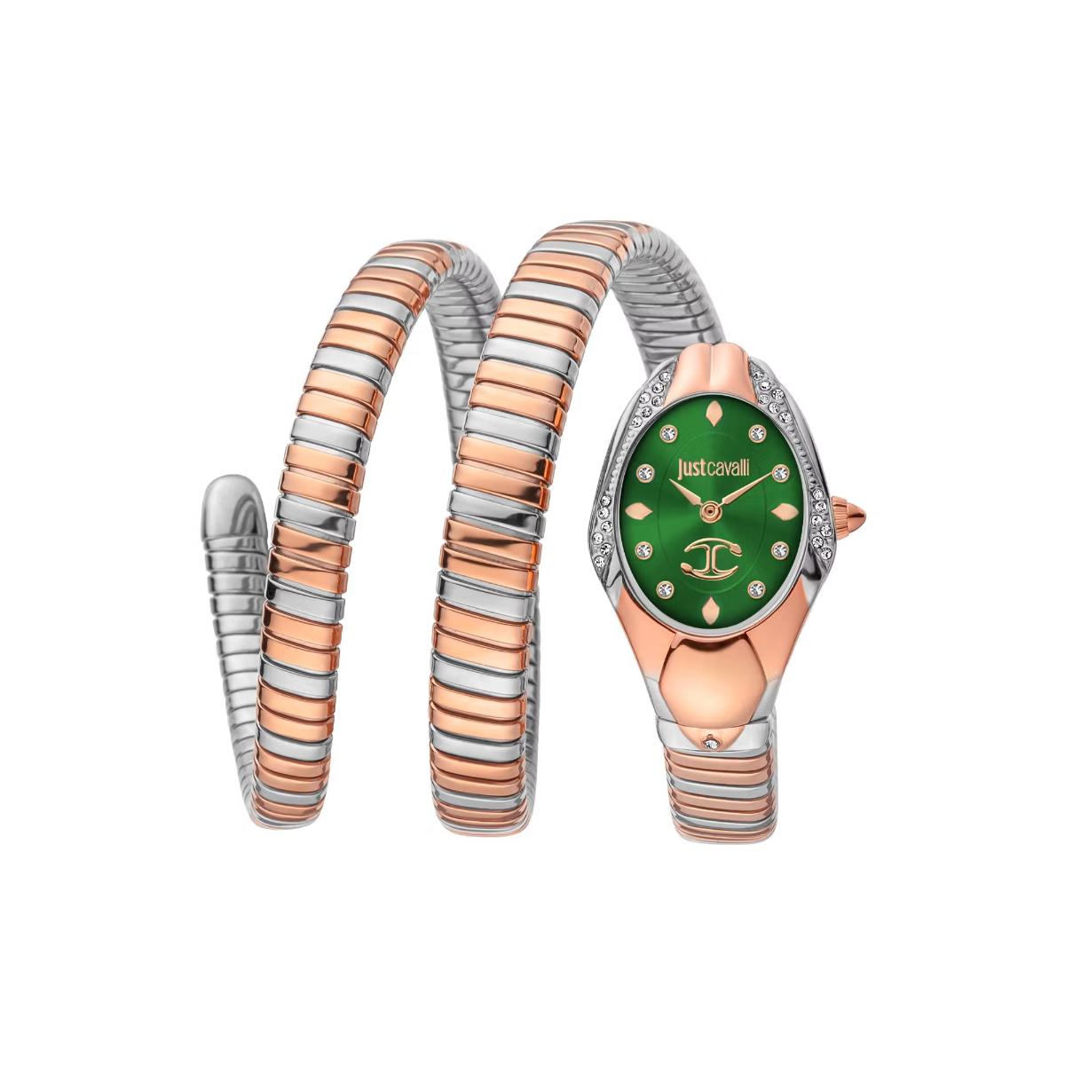 Two metallic bracelets with a green watch face on a white background