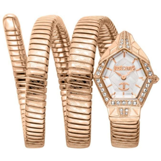 Rose gold watch and bracelet set on a white background